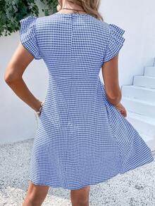 Breezaya Robe smock à col carré et manches papillon à carreaux, robe smock courte à carreaux pour femmes avec volants aux manches, col carré et coupe régulière, pour le printemps/été, une tenue décontractée pour tous les jours, les vacances et la plage - Bleu et Blanc - Voir 2