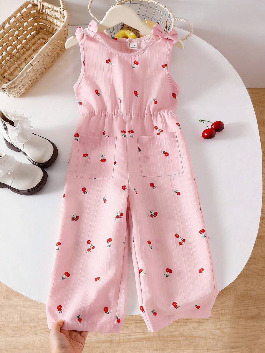 Genkimix Kids Young Girls Cute Cherry Print Camisole With Bow, Button Back Waist Tie Wide Leg Casual Jumpsuit - Pink - View 1