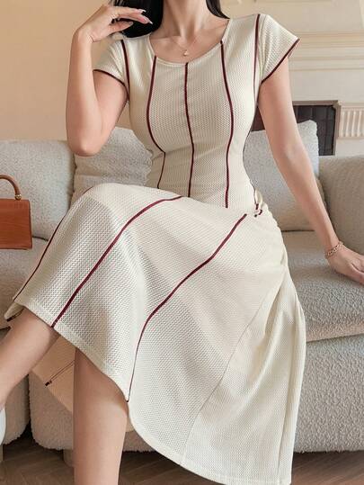 DAZY Women's Elegant Colorblock Striped Round Neck Mid-Length Dress, Summer Wedding Guest Dress