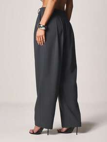 MISSGUIDED High Waisted Asymmetric Waistband Balloon Wide Leg Palazzo Pants With Side Button Detail And Pleated Front Design - Dark Grey - View 2