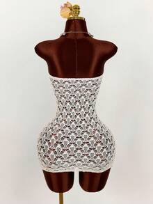 Amplova 女士钩针编织迷你连衣裙，饰有金属海星图案，性感透视，适合海滩度假 - 杏色 - 查看 2