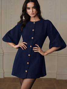 Aveloria Rosie Fashionable Design Sense High-End Elegant Versatile Lantern Sleeve Herringbone Knit Dress - Blue - View 5