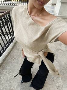 Siren Gaze Elegant Unique Blouse, High-Quality Bat Wing Linen Shirt For Women, Summer Oblique Collar Shirt, Chic Off Shoulder Linen Blend Top With Side Tie Details And Slim Fit Design, Women's Social Blouse, Commuter Shirt, Elegant Women's Blouses, Vacation, Party, Summer Casual Beige Top One Shoulder Top Front Tie Top One Shoulder Blouse Front Tie Blouse One Sleeve Top Greece Vacation Outfits Women Women's One Shoulder Top - Apricot - View 6