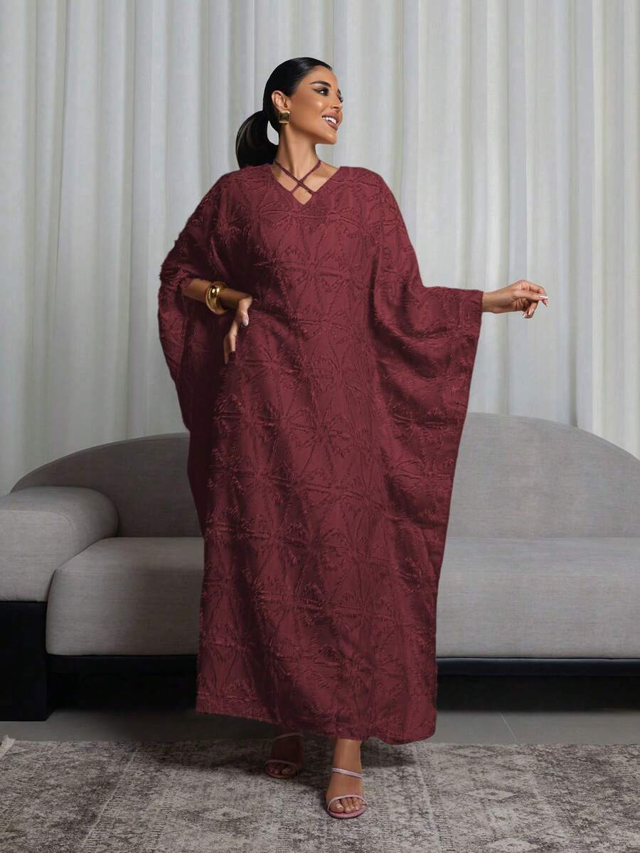 Al Najma 女士纯色简约日常纹理长裙 - 紅色 - 查看 1