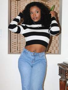 Steph T 秋冬双色立领短款毛衣、长袖上衣 - 黑與白 - 查看 3