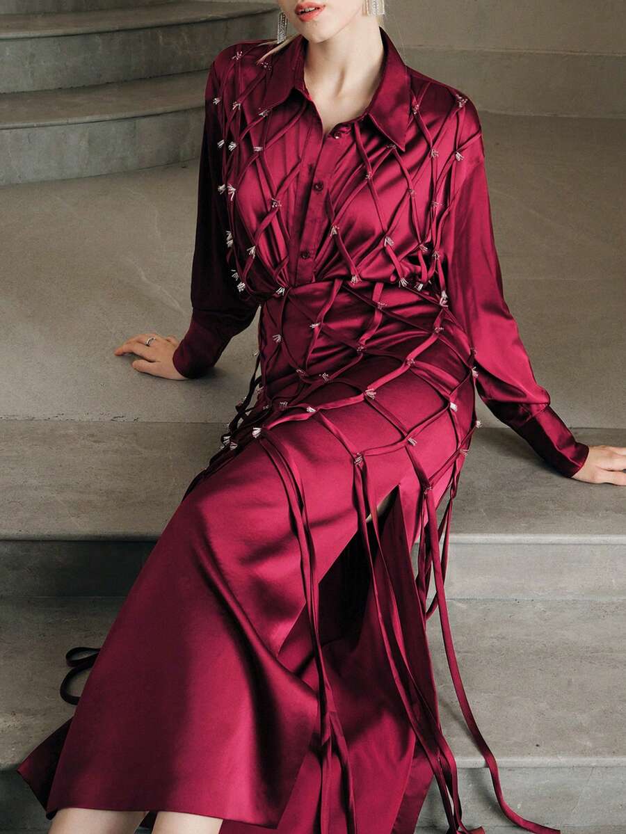 Anewsta 女士长袖衬衫，格子图案，流苏，亮片和珠饰装饰，春秋季 - 酒紅色 - 查看 1