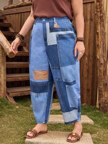 EMERY ROSE Quần Harem denim không co giãn màu xanh nhạt thoải mái, dáng rộng dành cho nữ cỡ lớn - Rửa nhẹ - Xem 6