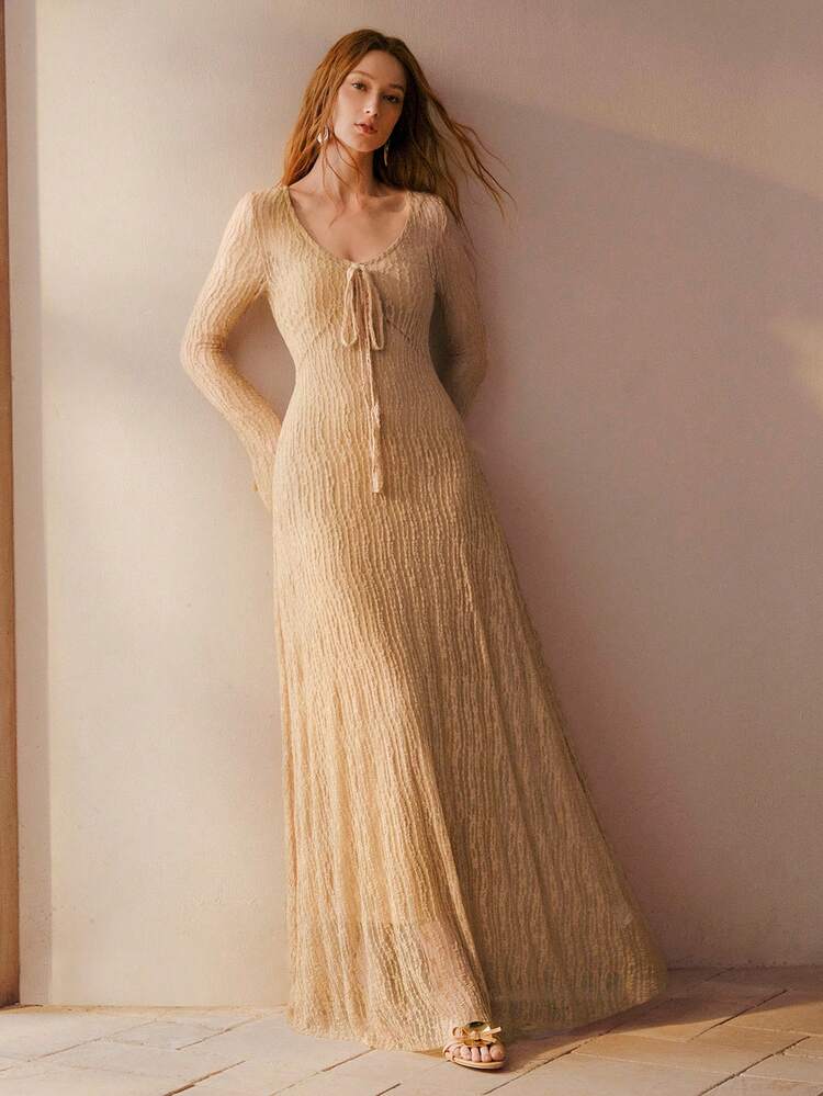 V-NECK KNOTTED WAIST SHEER LACE DRESS