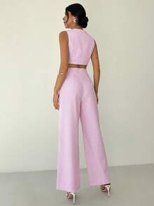 Firerie 两件套女士优雅休闲简约通勤办公日常度假V领无袖蓝白条纹背心和高腰阔腿直筒蓝白条纹裤，夏威夷度假套装，得体大方，女士沙滩装，机场装，度假装，教师装 - 粉色 - 查看 2