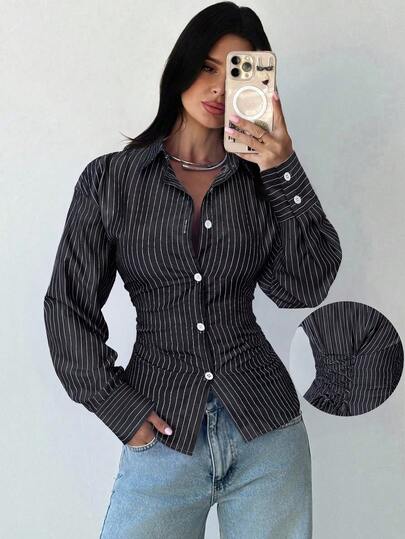 Firerie Women's Black And White Striped Long Sleeve Shirt, Tie-Waist Shirt, Casual Commuter Shirt, Vacation Shirt, Cinched Waist Striped Shirt, Suitable For Spring, Summer, Autumn And Winter, Elegant, Vacation, Bohemian, Work Attire