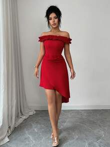 Elenzga 女士优雅浪漫荷叶边下摆无袖修身迷你连衣裙，适合情人节约会、春夏穿着 - 紅色 - 查看 5