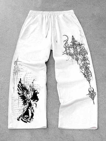 ROMWE MEN Goth Men's Loose Comfortable Casual Sports Straight Leg Sweatpants, Black