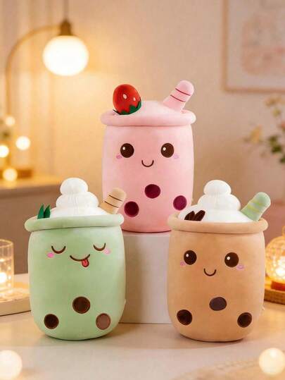 POKOJA LAND 珍珠奶茶毛绒玩具，粉色、绿色和棕色可选，触感柔软，奶茶造型逼真，适合儿童，男女皆宜，生日、圣诞节、情人节礼物。