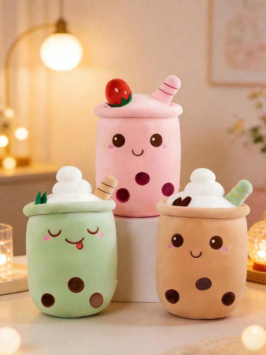 POKOJA LAND 珍珠奶茶毛绒玩具，粉色、绿色和棕色可选，触感柔软，奶茶造型逼真，适合儿童，男女皆宜，生日、圣诞节、情人节礼物。 - 彩色 - 查看 1