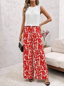 SHEIN Clasi 夏季优雅女士黑色翻领褶裥背心和弹力印花长裤两件套，适合各种场合穿着 - 紅白色 - 查看 5