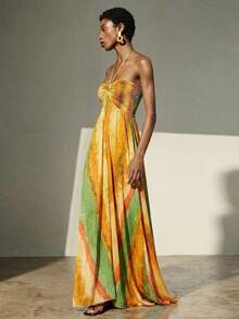 Aveloria Modichic Chiffon Tie-Dye Print Halter Neck Tie-Up Sleeveless Vacation Dress - Multicolor - View 5