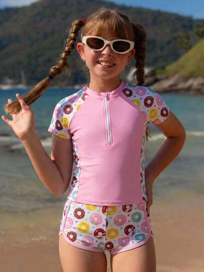 SHEIN Girls Swimsuit Rash Guard Sets 2 Pieces Girls Bathing Suit UPF 50+ Sun Protection Short Sleeved Swimsuit Summer Vacation Thermal Christmas Holiday Festival New Years Valentines Swim Girls Bathing Suits With Rash Guard Girls Short Sleeve Swim Suit Swim Shirt For Girls Tween Girl Beach Wear Tween Girl Swimsuit One Piece Kids Girl Rash Guard 2 Piece Tween Rash Guard Swim Girls Swim Shorts With Rash Guard