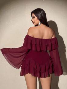 Viva Relle 大码女装春夏新款轻盈雪纺露肩荷叶边修身迷你连衣裙，酒红色。适合时尚休闲聚会、浪漫约会、情人节派对、都市出行、旅行、音乐节和各种浪漫场合。优雅女士连衣裙。 - 酒紅色 - 查看 2
