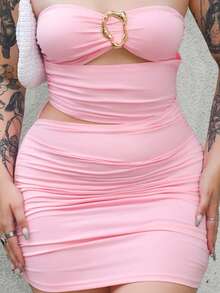 Arliah 女式性感修身露肩金属扣迷你连衣裙 - 粉色 - 查看 6