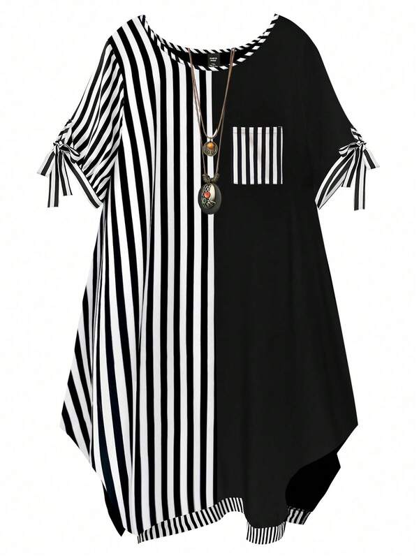GlowEve CURVE Plus Size Summer Casual Striped Patchwork Curved Hem Dress