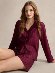 SHEIN 两件套条纹印花翻领女士睡衣套装，长袖上衣和短裤 - 黑色 - 查看 1