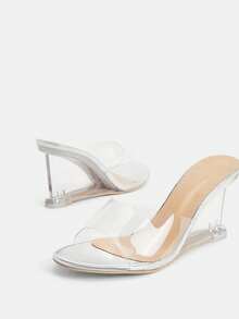 Glitzique 女士夏季新款高跟拖鞋透明厚底拖鞋时尚不对称水晶高跟凉鞋 - 銀色 - 查看 4