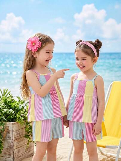 [ 2-Piece Set ] For Baby Girls Aged 6 Months To 2-3 Years Old, Rainbow Style Colorful Vertical Striped Patchwork Printed Suspender+Shorts Fabric Thin, Lively And Cute Two Pieces Set For Daily Outdoor And Summer Children's Clothing