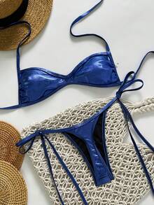 Swim SXY Set de 2 piezas Bikini con parte superior tipo halter y bandeau con textura metálica y Bottom con lazos laterales, conjunto de traje de baño sexy para mujer, primavera/verano - Azul - Ver 7