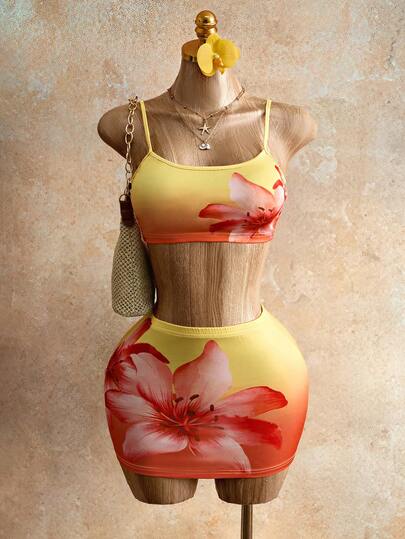 Mistrie Vacation Style Yellow To Orange Ombre Sleeveless Crop Top & Bodycon Mini Skirt 2 Pieces Set