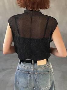 FRIFUL Women's Metallic Sheer Fabric Sleeveless Mock Neck Ruffle Hem Camisole Top - Black - View 5