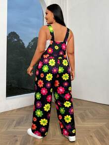 Flirla Plus Size Floral Print Casual Jumpsuit With Slant Pockets - Multicolor - View 2