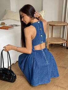 Rivivi Women's Fashion Button Hollow-Out Raw Wash Denim Dress - Dark Wash - View 7