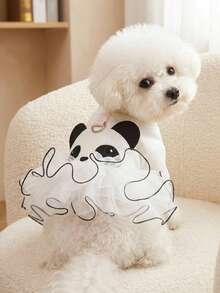 PETSIN 1件宠物服装，刺绣可爱熊猫卡通图案蓬蓬裙，猫狗通用公主风连衣裙 - 黑與白 - 查看 2