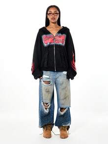 SUMWON WOMEN 镶钻拉链连帽衫，正面印花，饰有火焰图案 - 黑色 - 查看 3