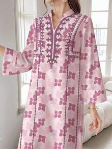 SHEIN Najma Floral & Geometric Print V-Neck Slit Hem Long Sleeve Dress, Elegant Arabic Style Outfit For Spring/Summer - Multicolor - View 3