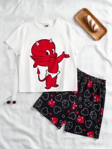 SHEIN HOT STUFF Tween Boy Comfortable Cartoon Print Crew Neck Short Sleeve T-Shirt And Shorts Pajama Set, Summer - Black and White - View 1