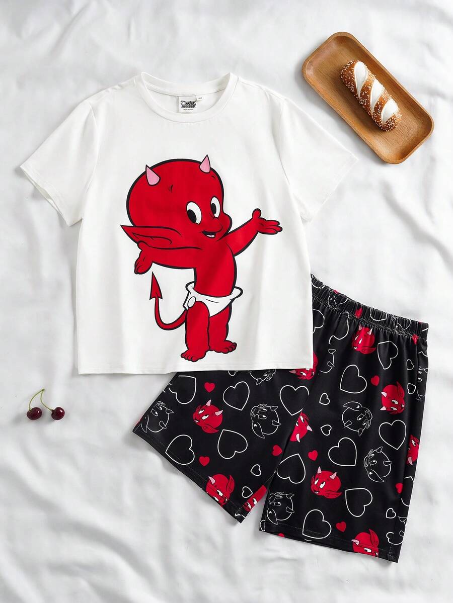 SHEIN HOT STUFF Tween Boy Comfortable Cartoon Print Crew Neck Short Sleeve T-Shirt And Shorts Pajama Set, Summer - Black and White - View 1