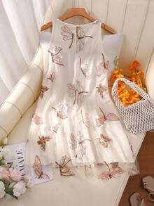 GlowEve CURVE 大码女式夏季休闲优雅简约圆领无袖蜻蜓网纱拼接杏色短裙 - 杏色 - 查看 2