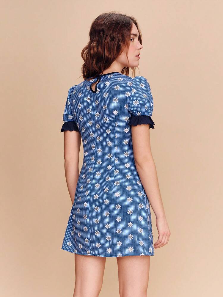 Blue Geometric Floral Print Mini Dress With Bow Detail And Broderie Anglaise Spring Summer Business Casual Vacation Dress French Style Parisian Style