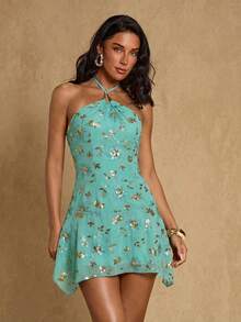 Glamine 女士橙色亮片性感度假派对无袖不对称下摆迷你吊带连衣裙 - 薄荷綠 - 查看 7