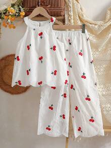 Vintaside Kids 少女甜美樱桃刺绣无袖上衣和宽松长裤套装，适合日常外出、休闲旅行、家庭聚会和度假穿着，春夏款 - 彩色 - 查看 3