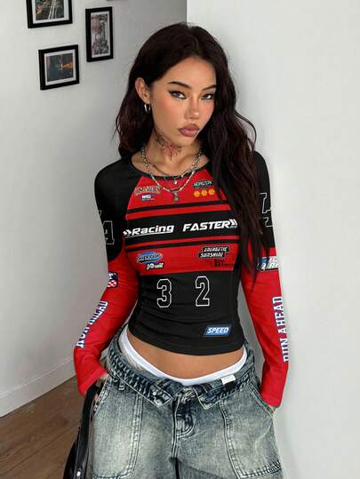 Coolane Casual Minimalist Sports Street Casual Party Wear, Black & Red Numeric Number & English Letter Racing Motorcycle Graphic Print, Music Festival Outfit, Summer Travel Women's Raglan Sleeve T-Shirt