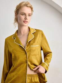 Ocili Women's Elegant Jacquard Top And Pants Pajama Set - Mustard Yellow - View 6