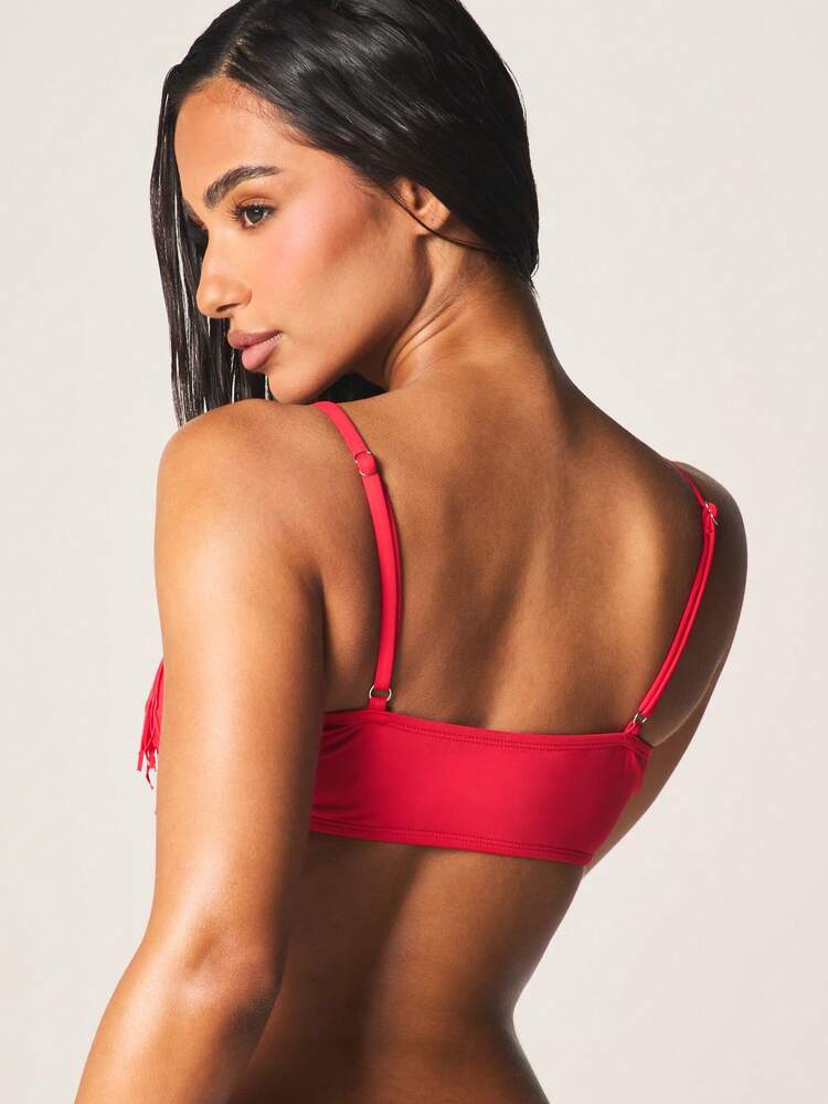 MISSGUIDED Fringe Triangle Bikini Top With Tassel Detail Spaghetti Strap Swimwear For Beach Summer Vacation Pool Party