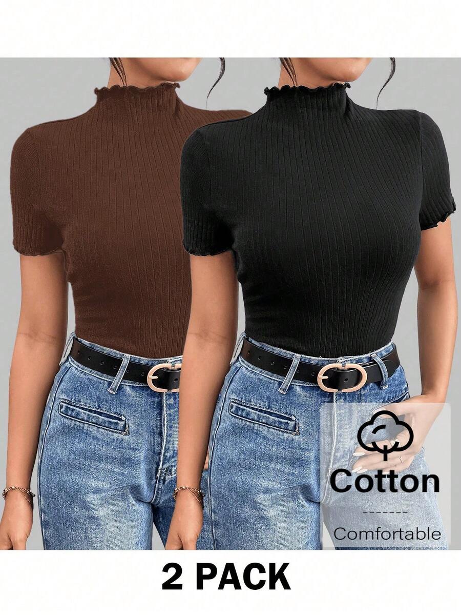 SHEIN Essnce 2PCS Women T-Shirts Mock Neck Tops Cotton Tops Ribbed Tops Short Sleeve Tops Fitted Tops Ribbed Tops For Women Women Casual Outfits Polo Neck Top Women S Short Sleeve Tops Polo Neck Tops - Brown - View 1