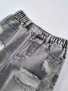 Tween Girl Retro Casual Personalized Fashion Blue Washed Ripped Patch Five-Pointed Star Embroidery Straight Leg Jeans, Relaxed Holiday & Casual Style Bottom - Grey - View 5