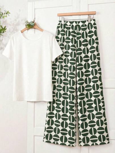 EMERY ROSE Women's Vacation Casual Solid Color Top & Allover Print Pants 2 Pieces Set Casual Outfit For Women   Casual Sets For Women  Summer Holiday Outfits Holiday Outfits  Vacation Outfits For Women