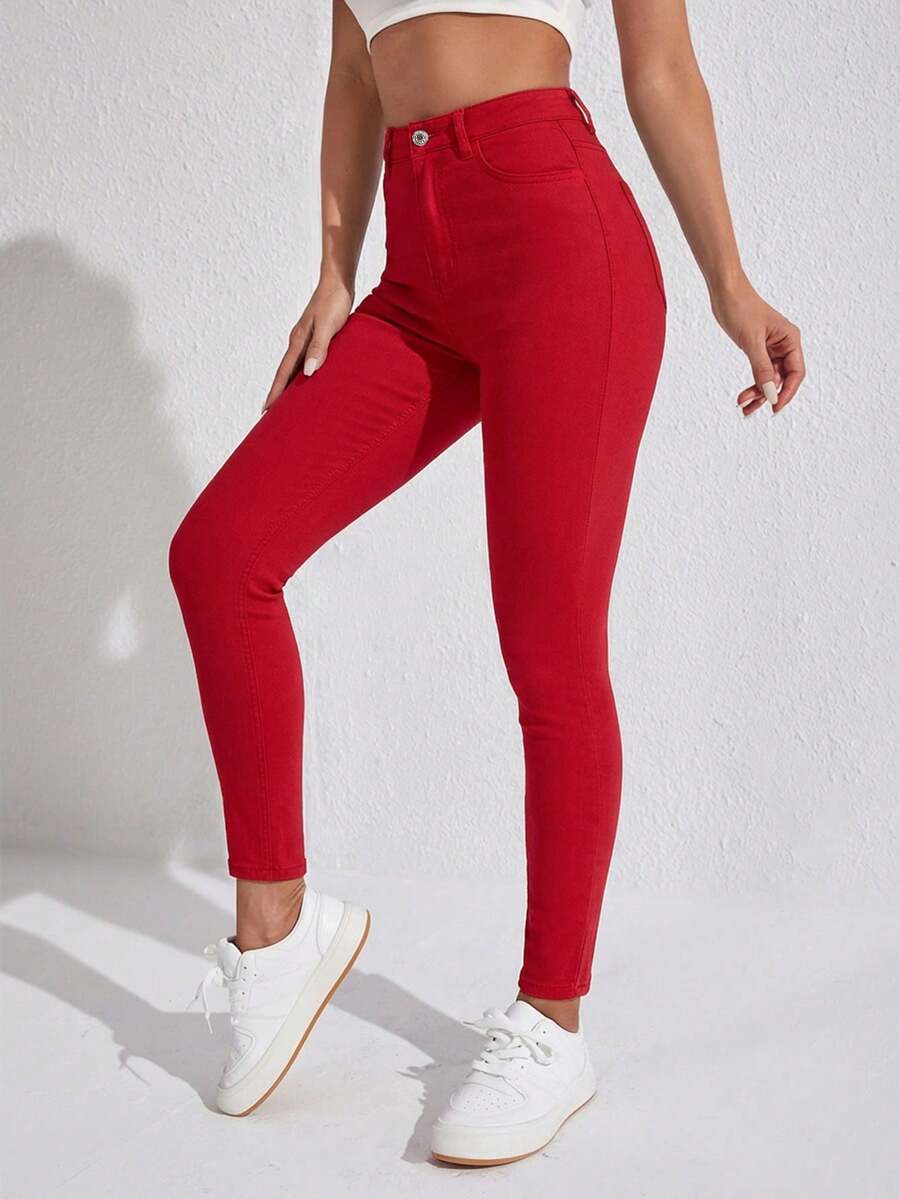 SHEIN SXY 高腰修身斜插口袋休闲牛仔裤 - 紅色 - 查看 1