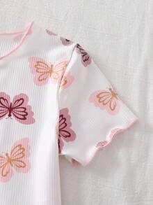 女婴睡衣套装 - 两件套蝴蝶印花睡衣套装，短袖圆领上衣搭配长裤，松紧腰带，轻薄柔软弹力，夏季睡衣家居服，节日礼物，2026必备，可爱粉桃色 - 米色 - 查看 8