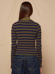 COUREZ Stripe High Neck Zip Front Knit Cardigan Top /Y2K Spring Clothes For Women Street Streetwear Cute Going Out Outfits Causal Knit Party Rave Knit Cardigan Summer Trousers Summer Outfits Funnel Neck Knit - Blue - View 3